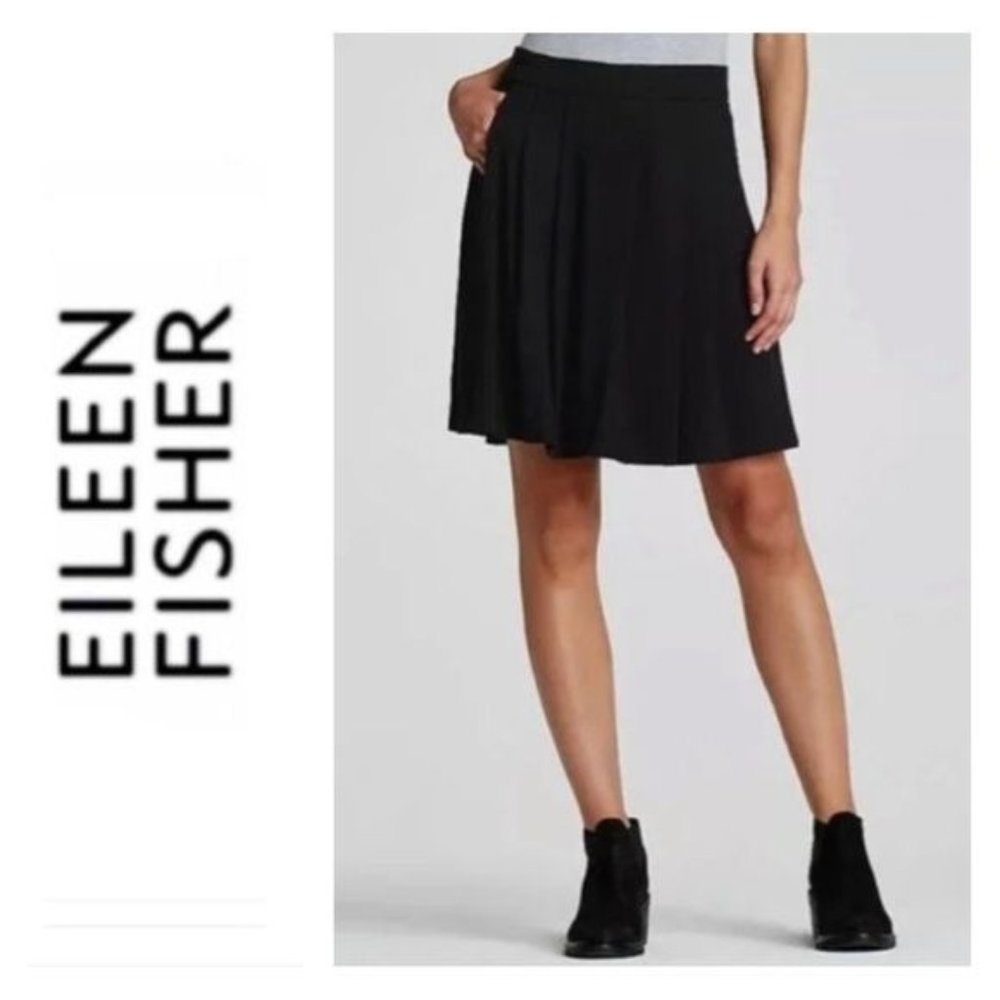 Eileen Fisher Silk Womens Skirt Size MP Black Pleated Knee Length A-Line